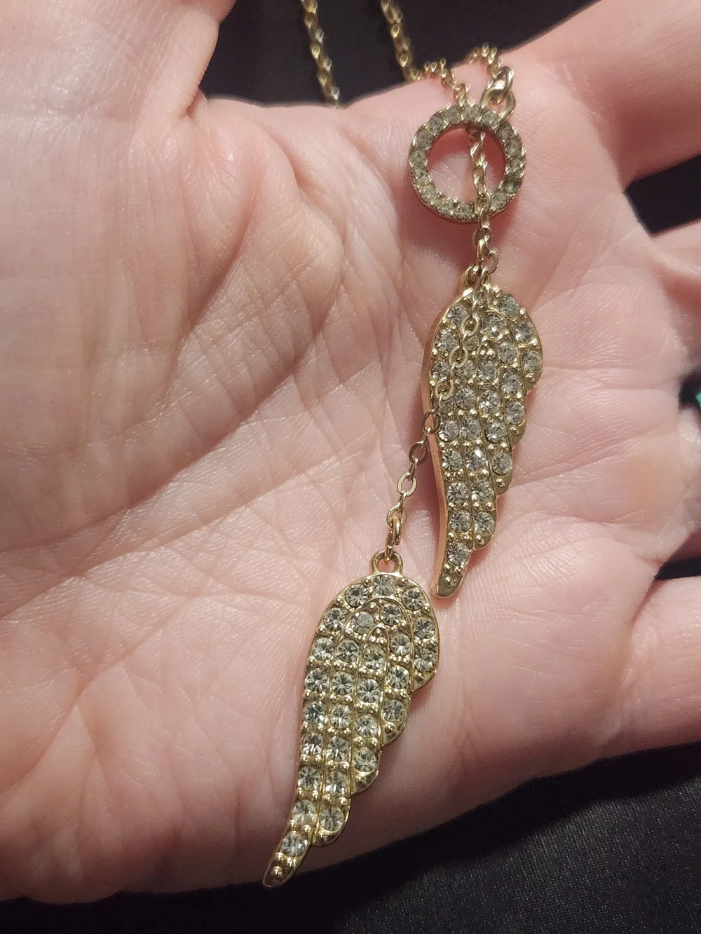 ​Goldtone Rhinestone Angel Wings Y-Necklace Lariat Drop Charm ​
